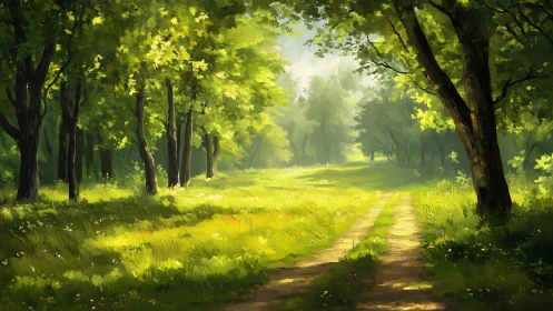 Forest pathway with overhead canopy and dappled sunlight.