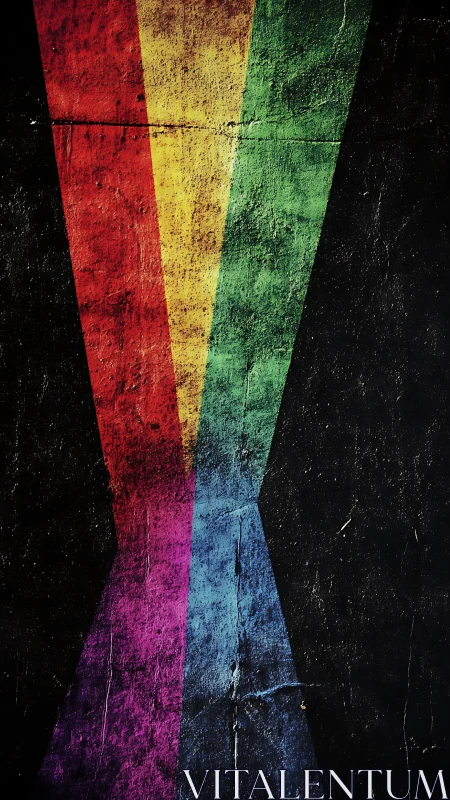 Grunge rainbow beams converging on textured black field.