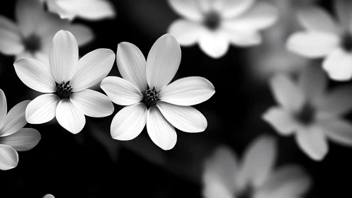 Black and White Flowers with Detailed Petal Structure Against Dark Background