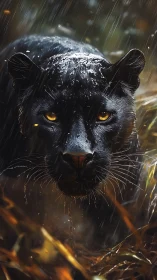 Black Panther Face in Rain with Glowing Golden Eyes