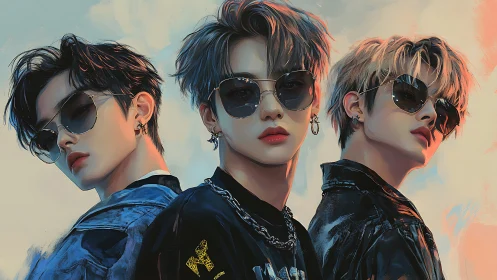Digital painting of stylish trio in mirrored sunglasses alignment.