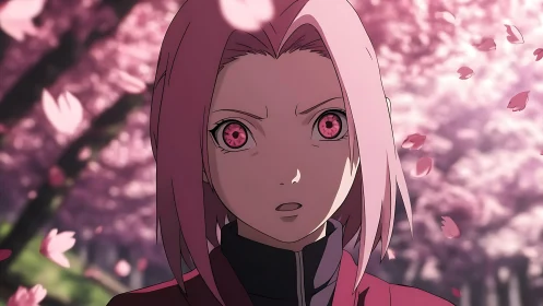 Anime heroine under sakura canopy rendered with dynamic depth