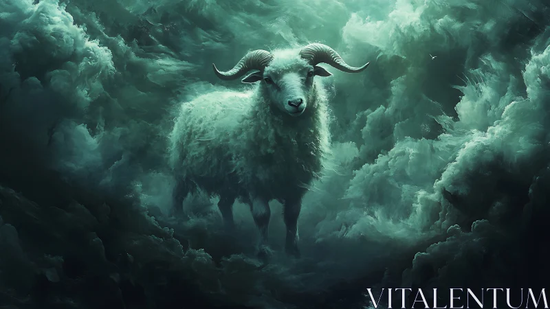 Horned white sheep stands in swirling teal storm clouds.