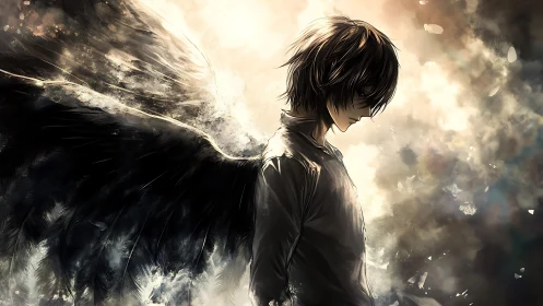 Side-view winged figure in monochrome backlit atmosphere.