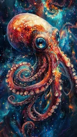Vivid cosmic octopus with swirling neon tentacles.