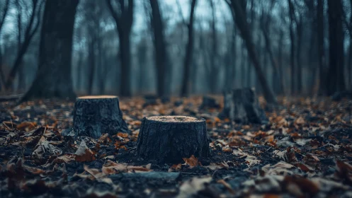 Deforested Forest Floor: Selective Felled Timber Stumps with Atmospheric Depth.