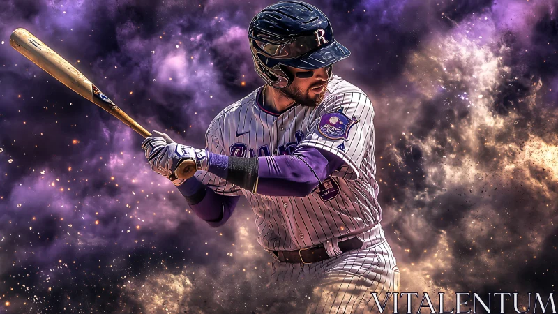 Baseball batter in purple pinstripes amid cosmic clouds.