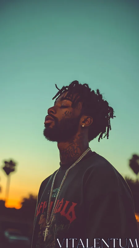 Twilight portrait of contemplative man in golden hour glow.