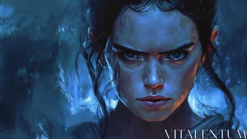 Focused blue-toned digital portrait of intense woman.