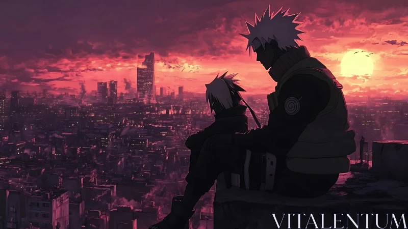 Sunset city vigil with two anime figures in silhouette.