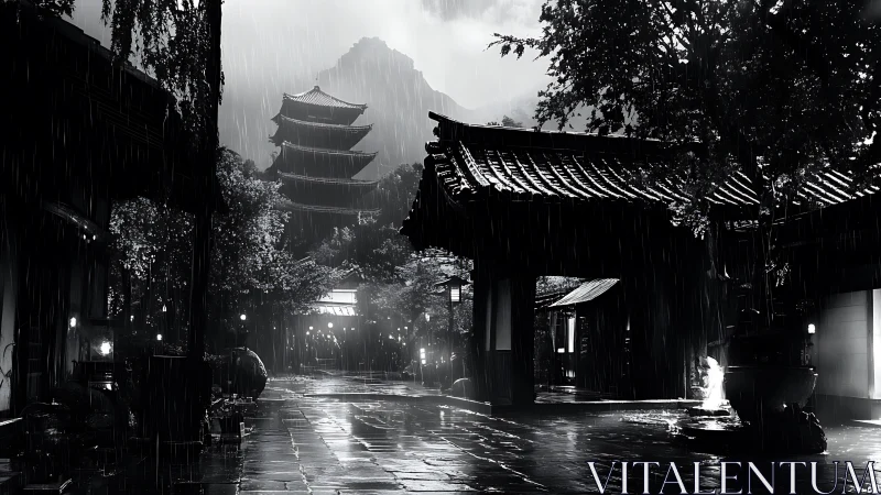 Monochrome temple courtyard in rainfall with distant pagoda.