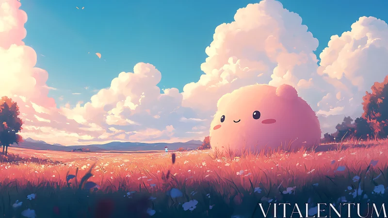 Gentle pink puff friend resting in a glowing sunset meadow.