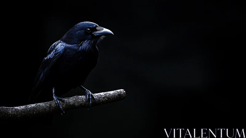 Dramatic raven perched on branch against dark background, moody style.