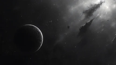 Silent crescent world adrift among whispering star-ash.