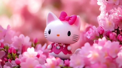 Blossom-bright kitty figurine basking in dreamy pink petals.