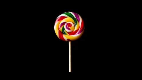 Colorful spiral lollipop candy on dark background.