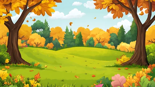 Golden autumn park glows with falling leaves and soft light