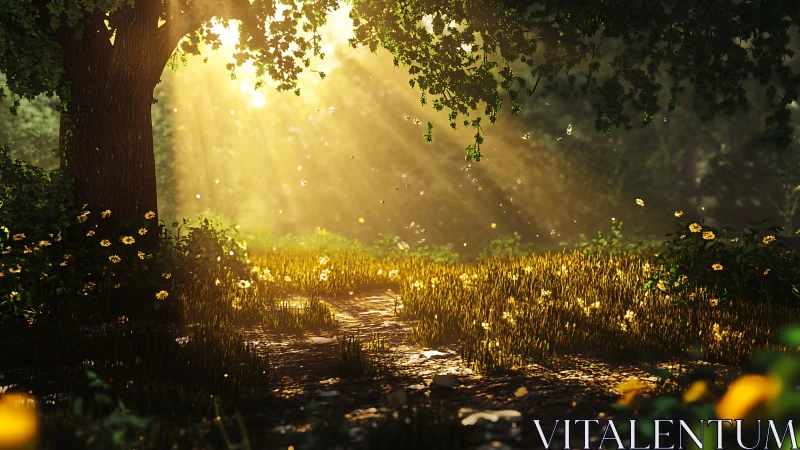 Sunlit forest path glows beneath warm morning rays.
