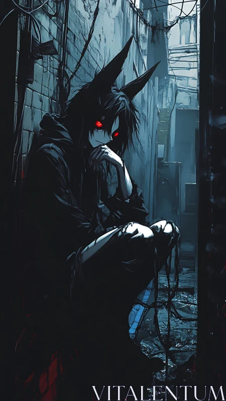 Red-eyed horned figure crouches in rain-soaked cyberpunk alley