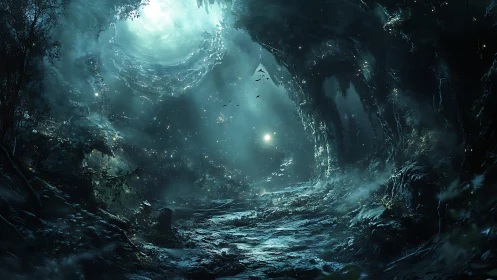 Mystical forest cavern opens toward luminous swirling sky