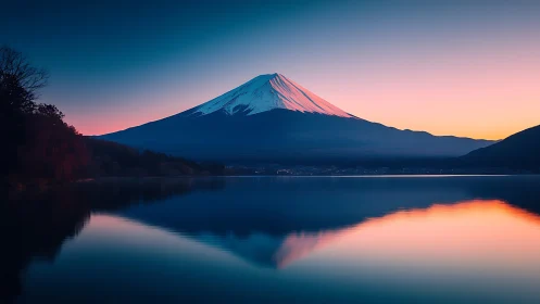 Snow-capped volcanic peak mirrored in still lake water.