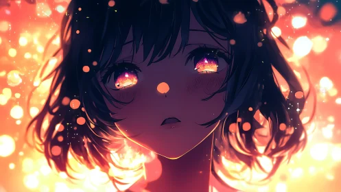 Backlit anime portrait with glowing bokeh and refractive eye highlights