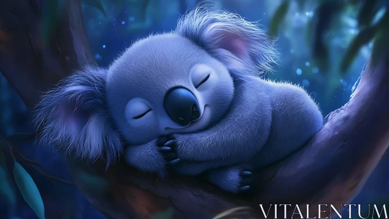 Moonlit koala dreamscape curled on a whispering branch.