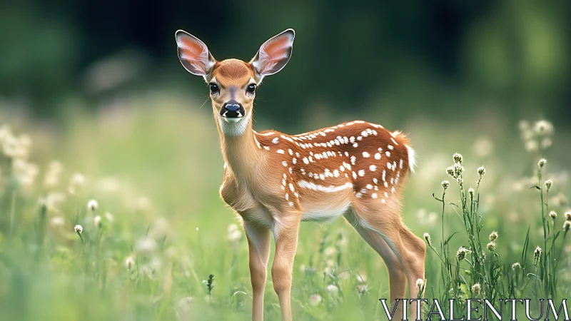Bright-eyed fawn pauses in a wildflower hush of green.