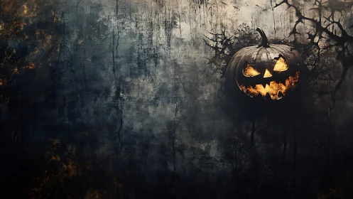 Gleaming jack o lantern grins against a moody haunted wall
