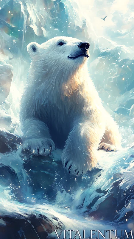 Polar bear on icy rocks in dynamic flowing water scene.