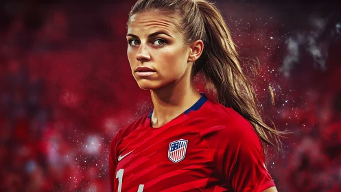 Focused soccer player portrait in vivid red stadium atmosphere