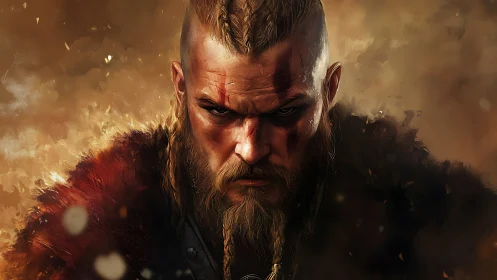 Battle-scarred Viking warrior glares through swirling embers