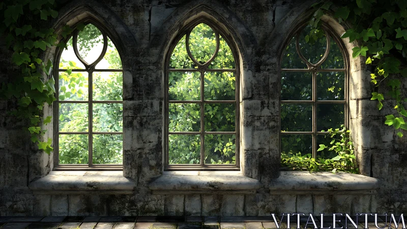 Gothic stone tracery windows framing dense luminous foliage.