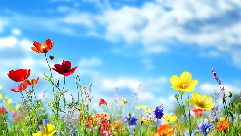 Wildflower meadow under clear sky with red and yellow blooms