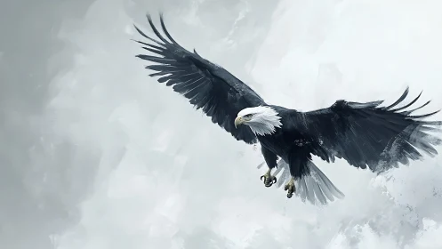 Majestic Bald Eagle in Flight, Digital Painting on Cloudy Sky.