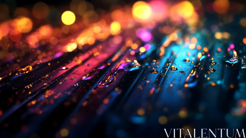 Neon raindrops skating across a prismatic night street.