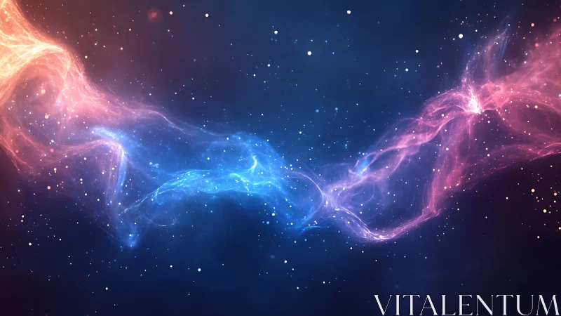 Cosmic blue and pink nebula streams across star field.