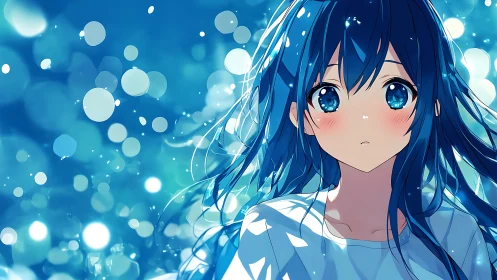 Blue haired anime girl gazes softly through luminous bokeh lights