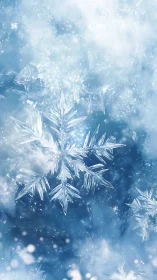 Crystal snowflakes drift in a dreamy frozen blue haze