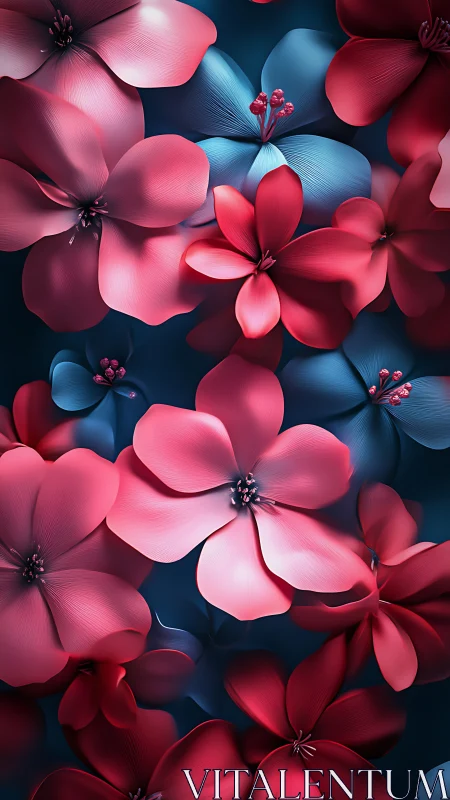 Digital floral composition with pink and blue petals on dark background.