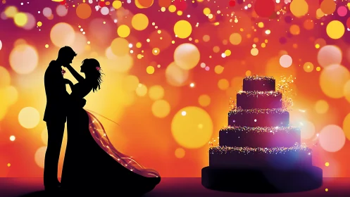 Silhouette wedding couple with cake against bokeh backdrop.