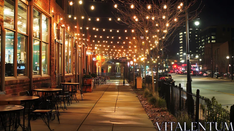 Urban night sidewalk café under warm string lights glow.