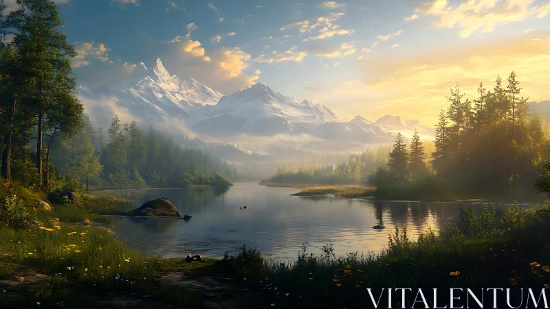 Sunlit alpine lake reflects snow capped peaks with volumetric haze