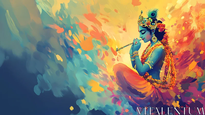 Divine flute player sits in radiant clouds of sacred color