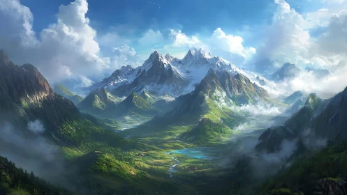 Epic alpine valley stretches beneath snow-crowned peaks.