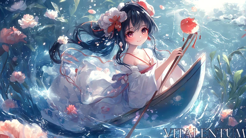 Anime girl sits in small boat surrounded by floating flowers