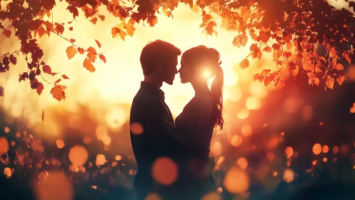 Silhouetted Couple Kissing Beneath Autumn Foliage at Sunset.