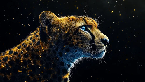 Luminescent Cheetah Portrait: Celestial Mapping in Nocturnal Fauna.