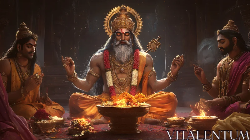 Central robed elder conducts ritual beside two attendants