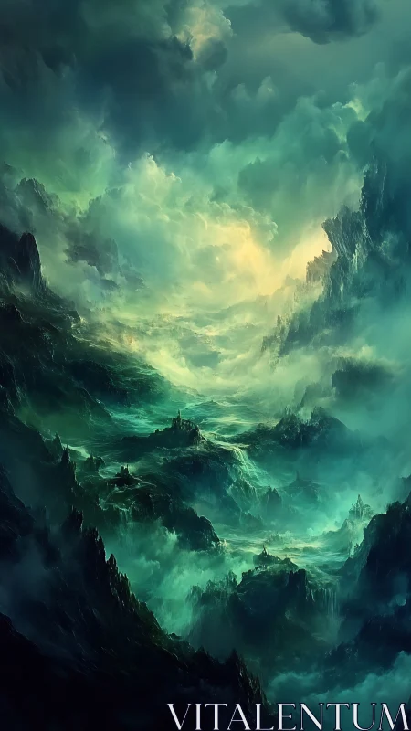 Storm-lit ethereal canyon with layered fog volumes and cyan glow